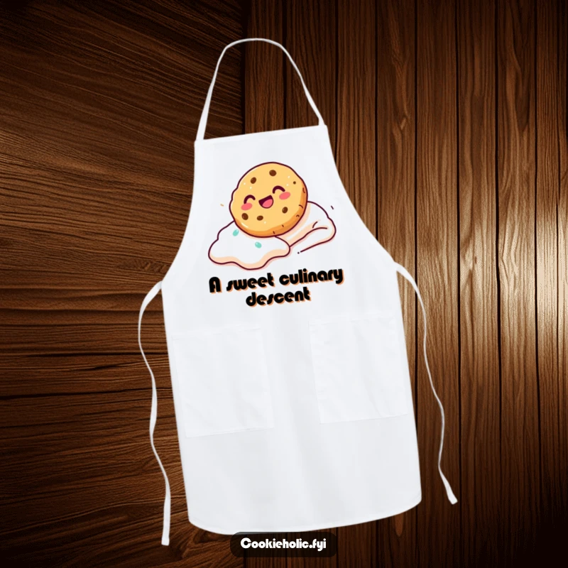 Funny Apron showing a cookie sliding down a frosting slope with glee, perfect for baking with humor and adventure.