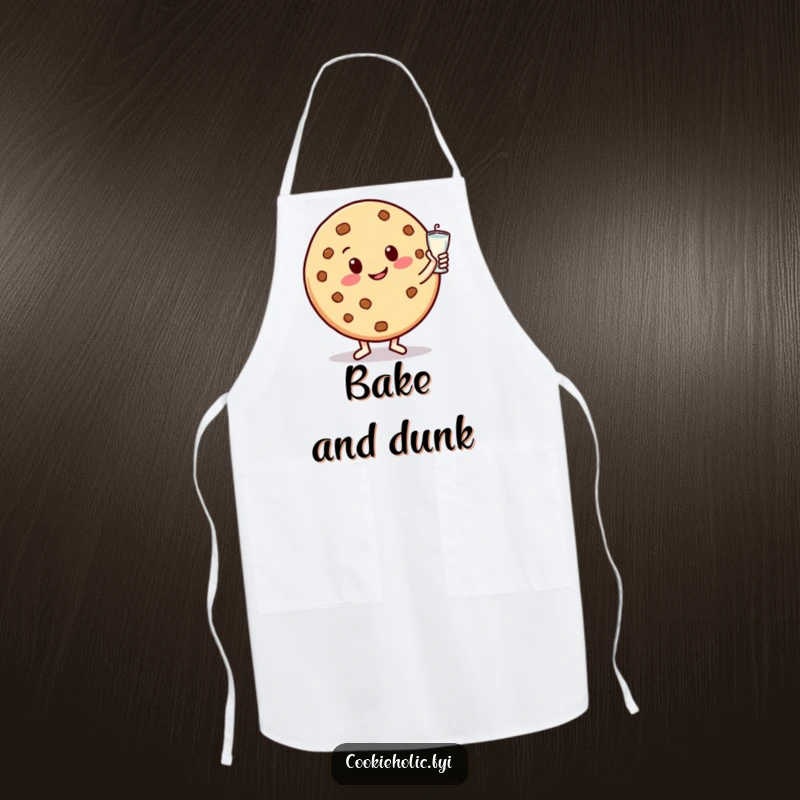 Funny apron featuring a happy cookie character with a big smile, dancing with a milk glass, adding humor to kitchen activities.