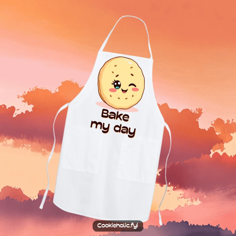 Funny apron featuring a Kawaii shortbread cookie character winking with a sprinkle eye, ideal for sweet and humorous baking.