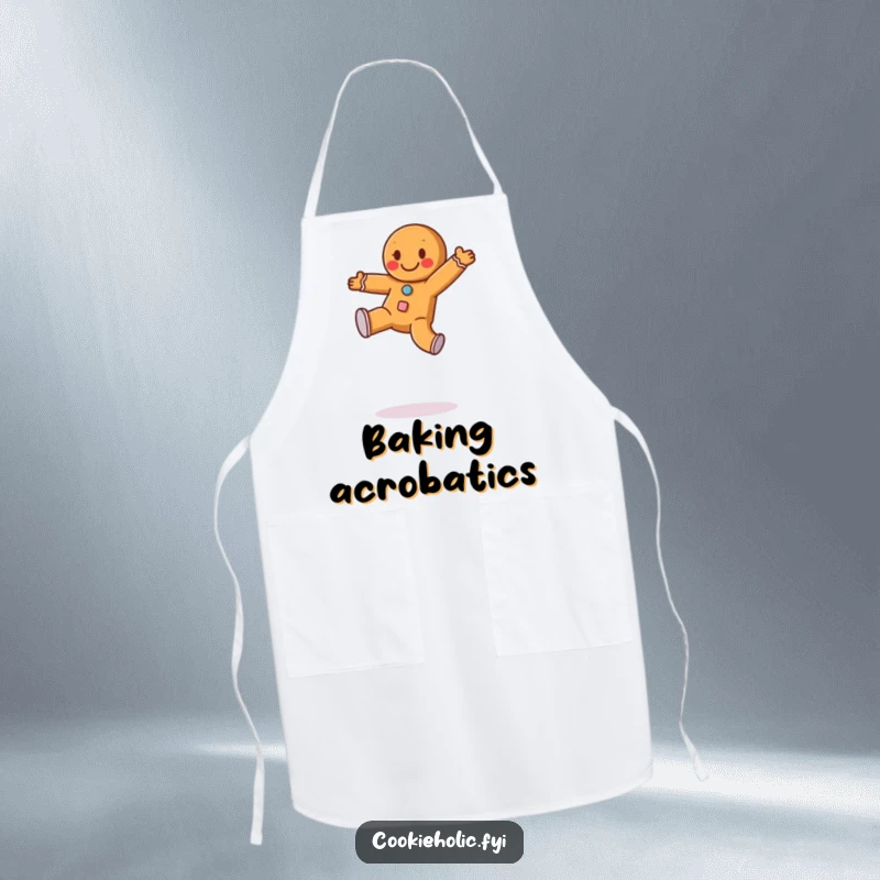 Funny apron featuring a happy gingerbread man with frosting buttons doing a cartwheel, ideal for holiday baking and kitchen fun.