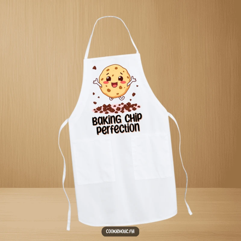 Funny apron depicting a cookie character scattering chocolate chips with glee while in a joyful leap.