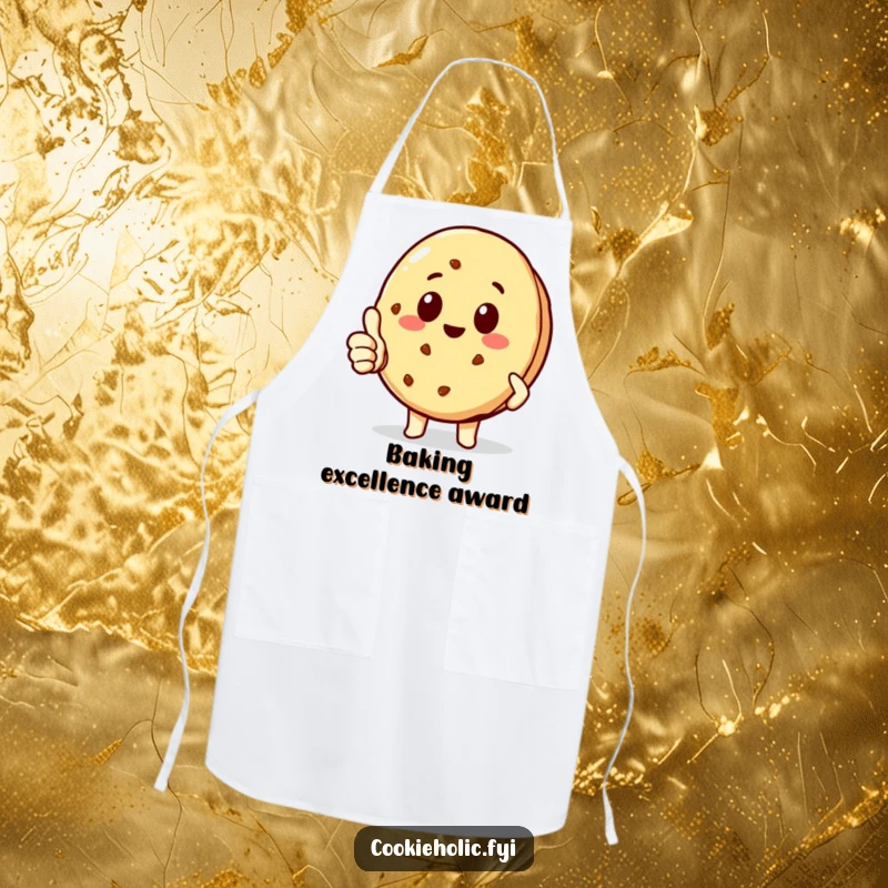 Funny delighted kawaii cookie character giving a thumbs-up, cute apron for bakers, functional and funny gift.