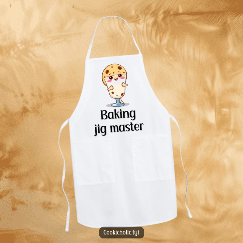 Funny happy kawaii cookie character dancing around milk, cute apron for bakers, functional and funny gift.