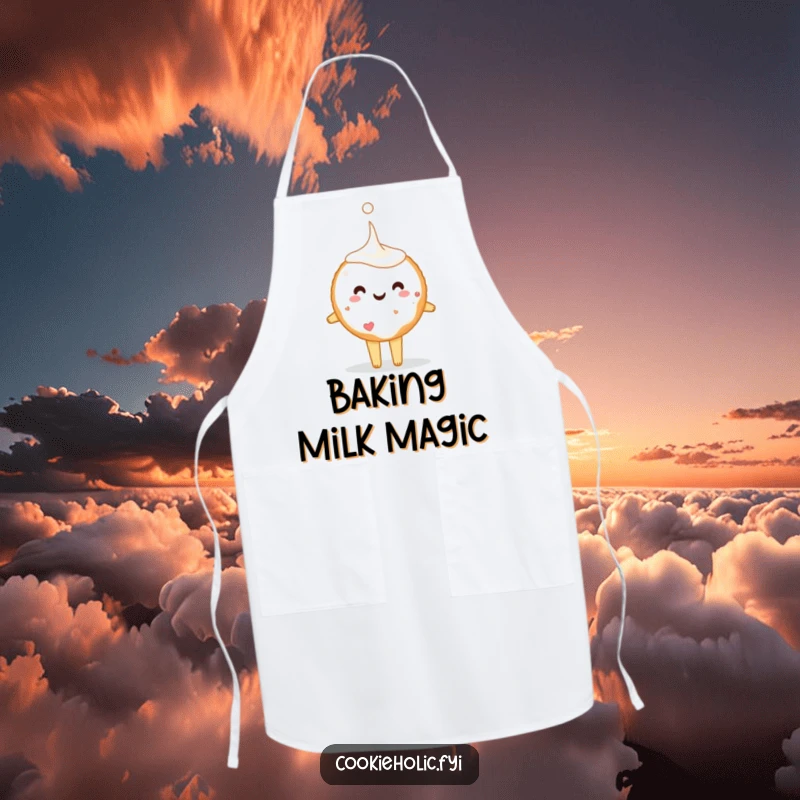 Funny sugar cookie tiptoeing with a giant milk drop, depicted on a protective apron, ideal for a humorous and enjoyable cooking experience.