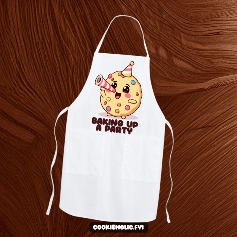 Funny chef cookie with candy decorations blowing a party horn, wearing an apron for a humorous kitchen experience.