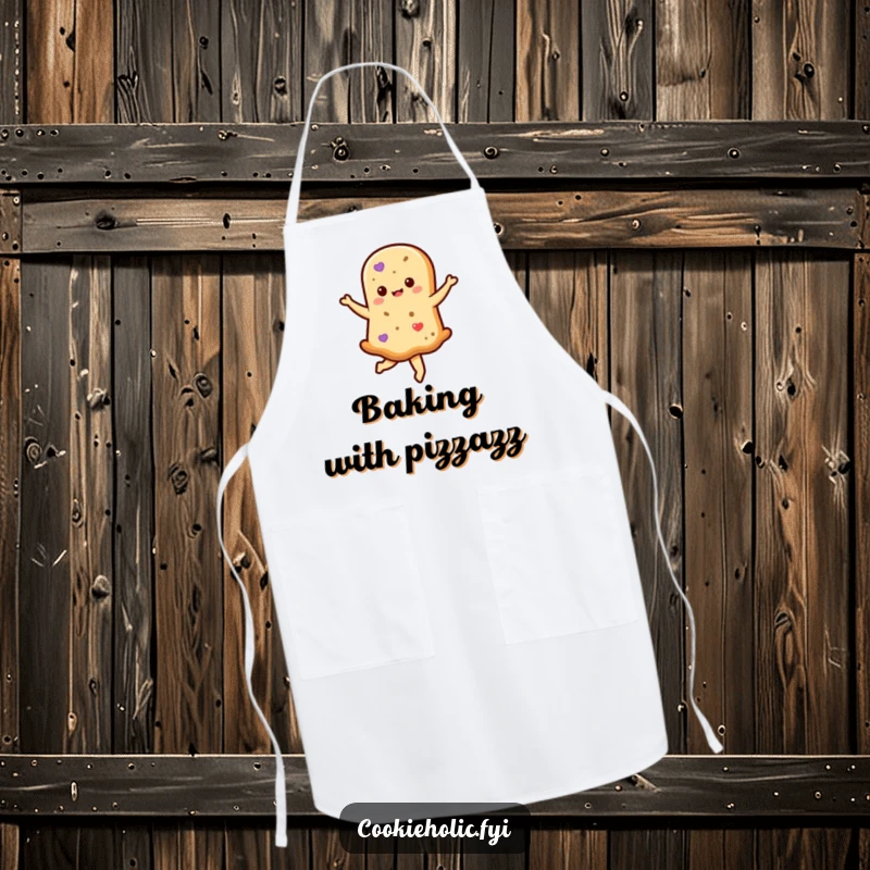 Funny kawaii shortbread cookie character doing a joyful twirl, printed on a kitchen apron, adding humorous flair to cooking.