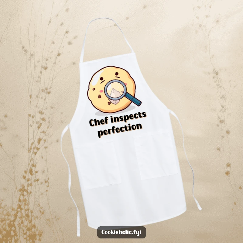 Funny Apron showing a cookie with a magnifying glass, inspecting a sugar crystal, perfect for baking with humor.
