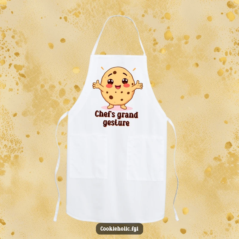 Funny Apron showing a cookie in a silly, arms-outstretched pose, perfect for cooking with humor and flair.