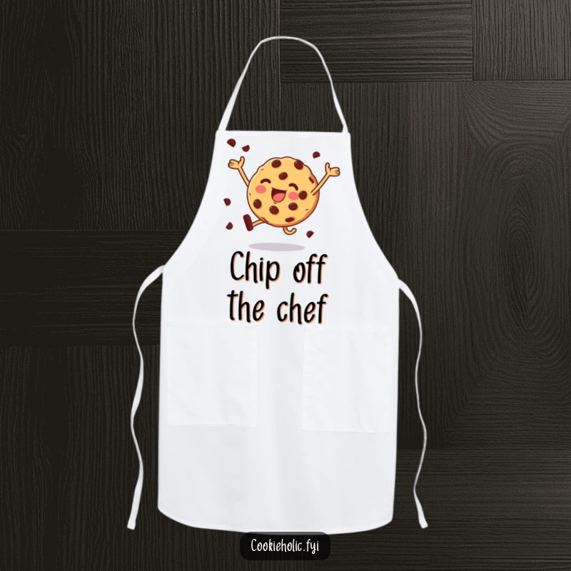 Funny apron featuring a chocolate chip cookie joyfully leaping, perfect for adding fun to kitchen tasks.