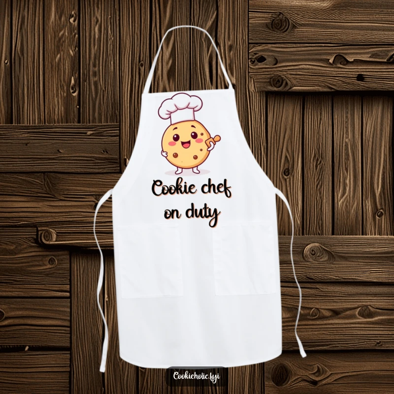Funny apron featuring a happy cookie chef, ideal for a kitchen that loves both delicious treats and fun.