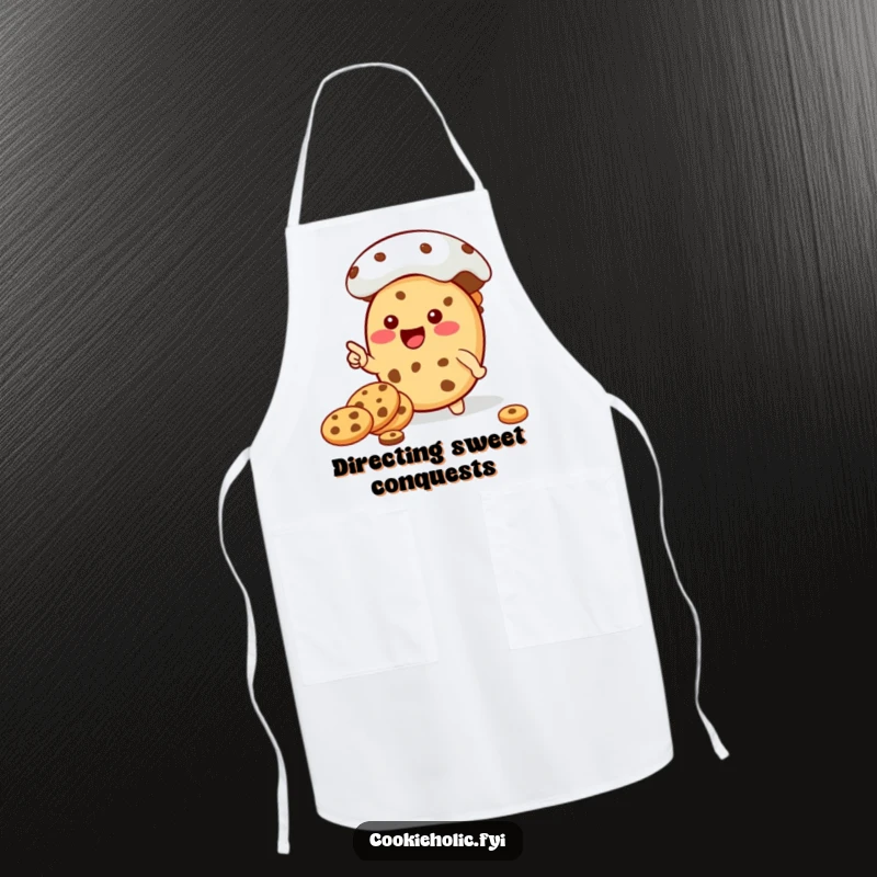 Funny Kawaii cookie character enthusiastically pointing to a large cookie jar, featured on a practical, funny apron.