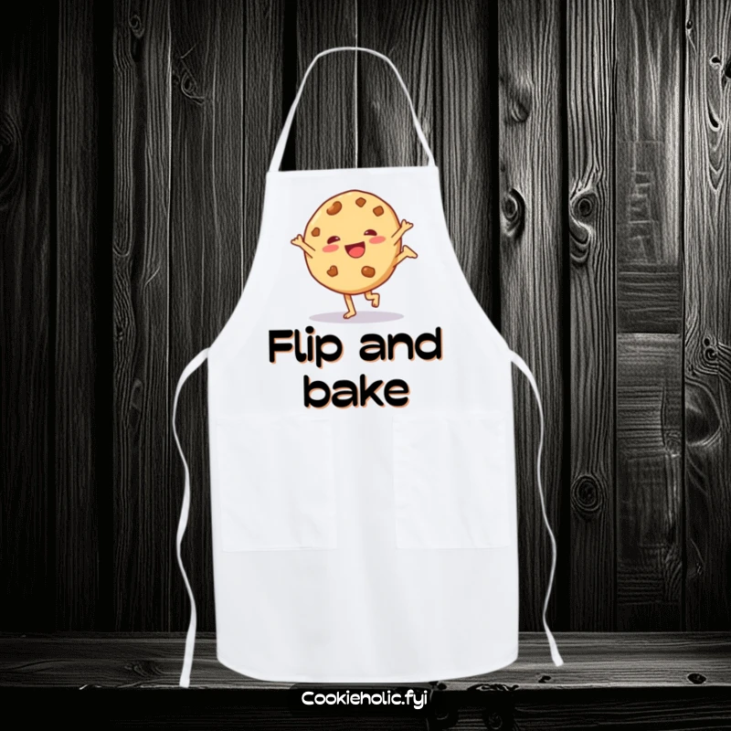 Funny apron featuring a cookie character doing a playful cartwheel, adding fun to kitchen tasks.