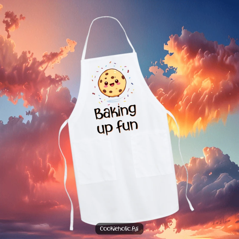 Funny kitchen apron with a cookie character spinning with sprinkles scattering around, celebrating baking fun, a humorous chef's gift.