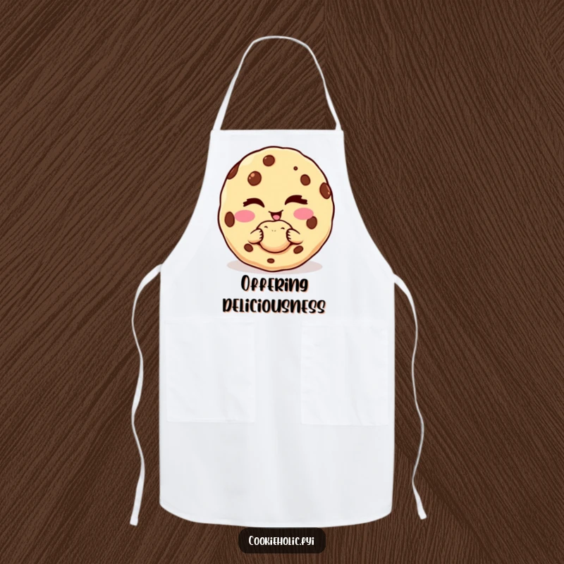 Funny apron featuring a cookie character winking and offering a perfect bite while baking.