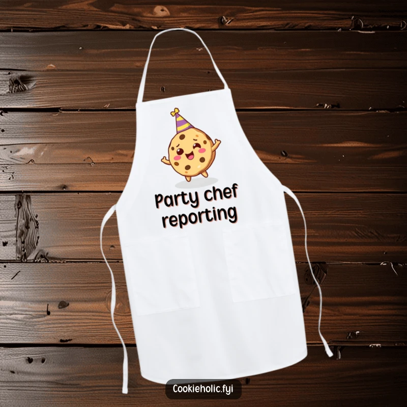 Funny apron featuring a cookie character in a party hat, joyfully spinning around while cooking.