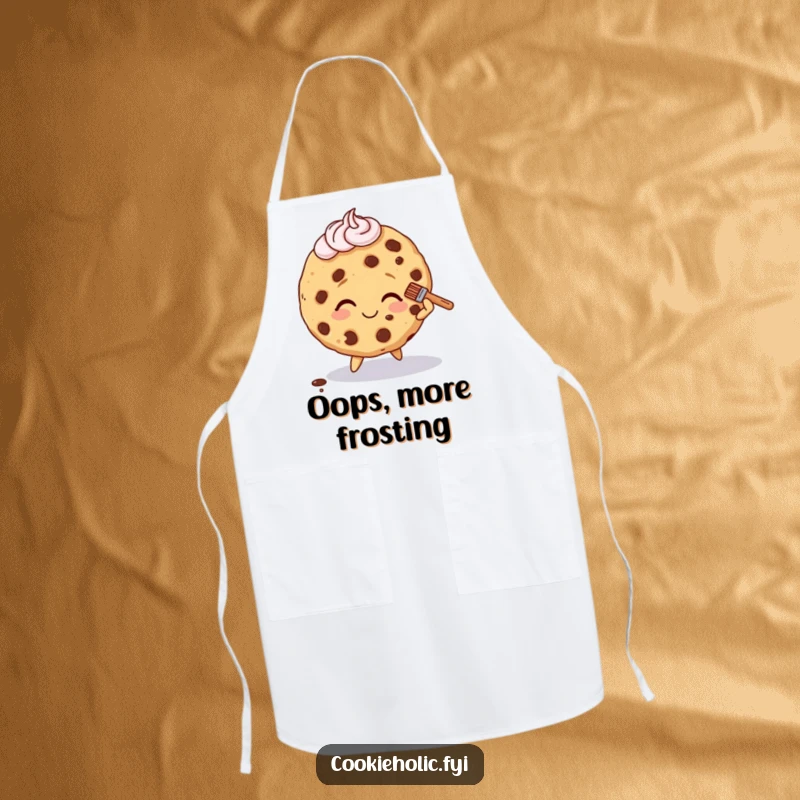 Funny apron featuring a cookie character tripping slightly but smiling, brushing off frosting during cooking.