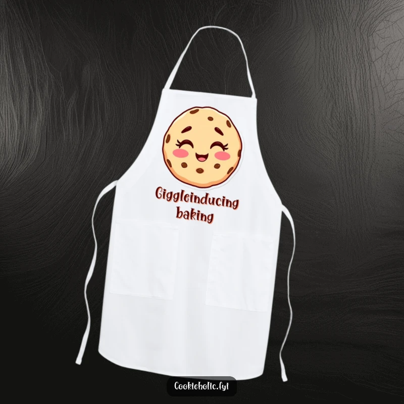 Funny apron featuring a cookie character with a happy, slightly messy face, caught mid-giggle while cooking.