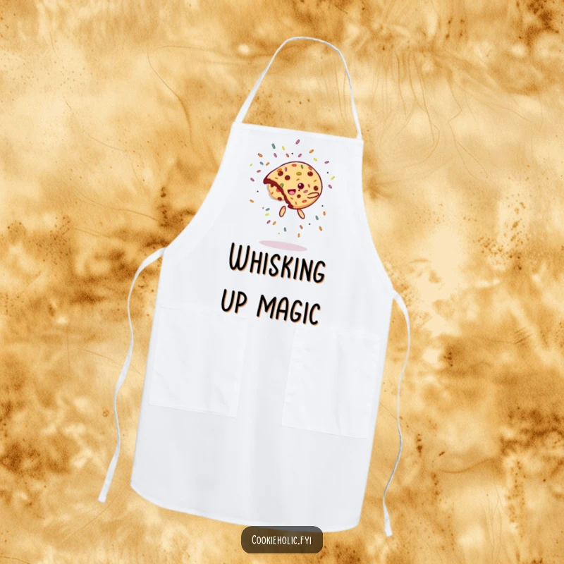 Funny Apron: A cookie does a flip with sprinkles flying, adding humor and action to the kitchen.