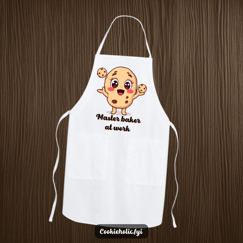 Funny apron showing a cookie character juggling cookies while cooking, a humorous and practical kitchen accessory.