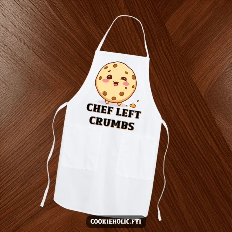 Funny giggling kawaii cookie character leaving a trail of crumbs, cute apron for bakers, functional and funny gift.