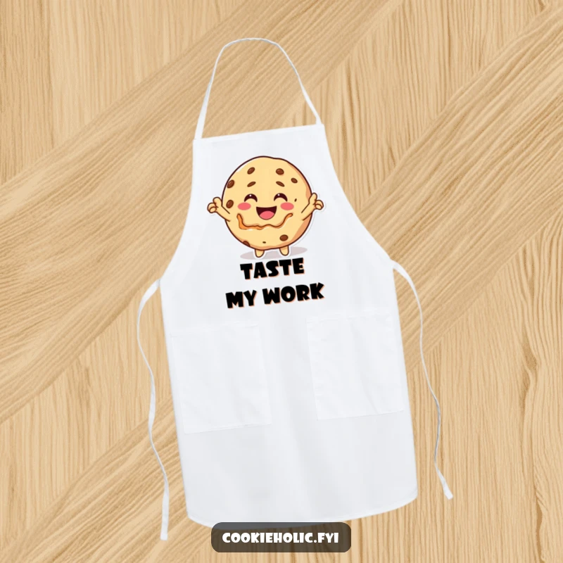 Funny Apron: A happy Kawaii cookie character takes a triumphant bite of itself, a symbol of culinary victory.