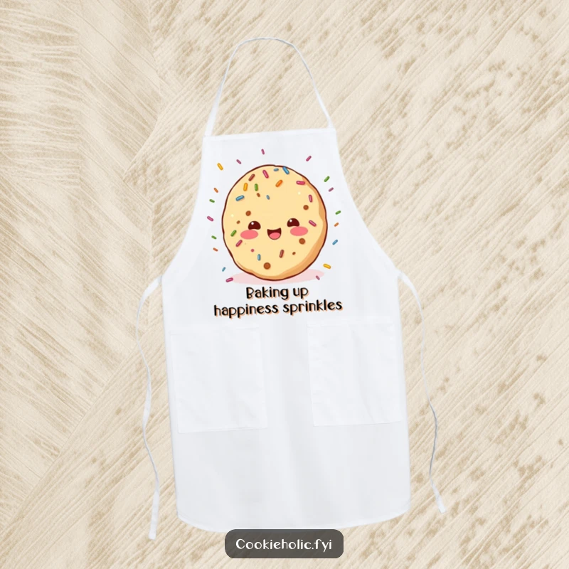 Funny apron showcasing a kawaii cookie character joyfully amidst a delightful downpour of colorful sprinkles, ready for culinary fun.