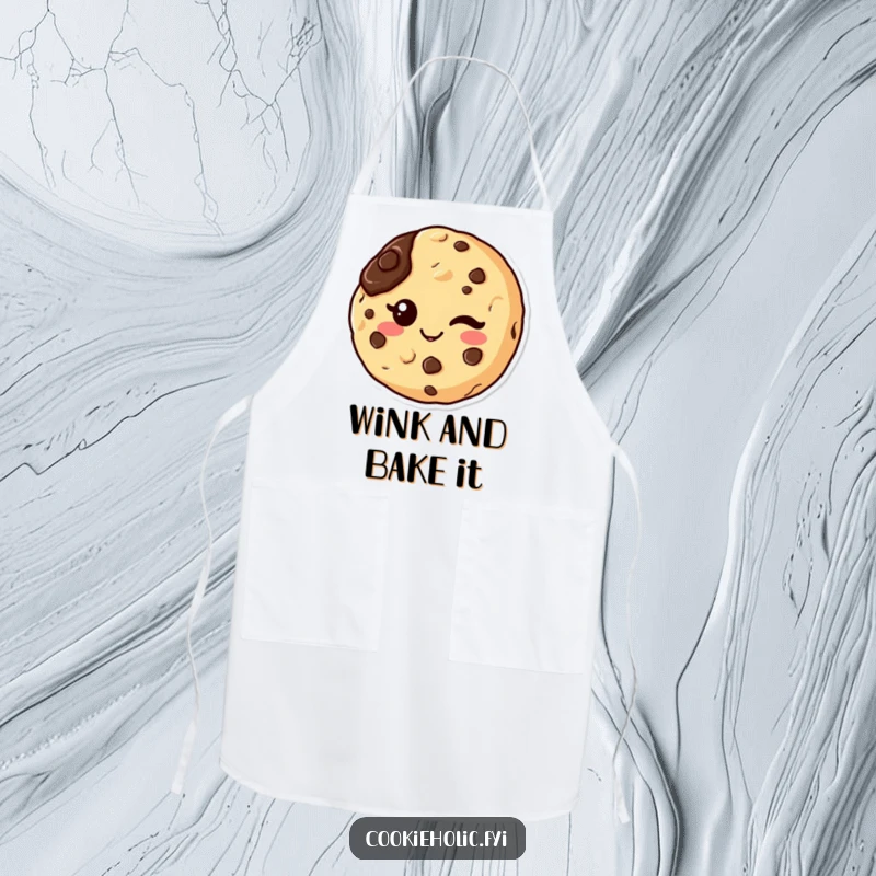 Funny kawaii apron with a chocolate chip cookie character winking, featuring a chocolate smudge, perfect for a playful baker.