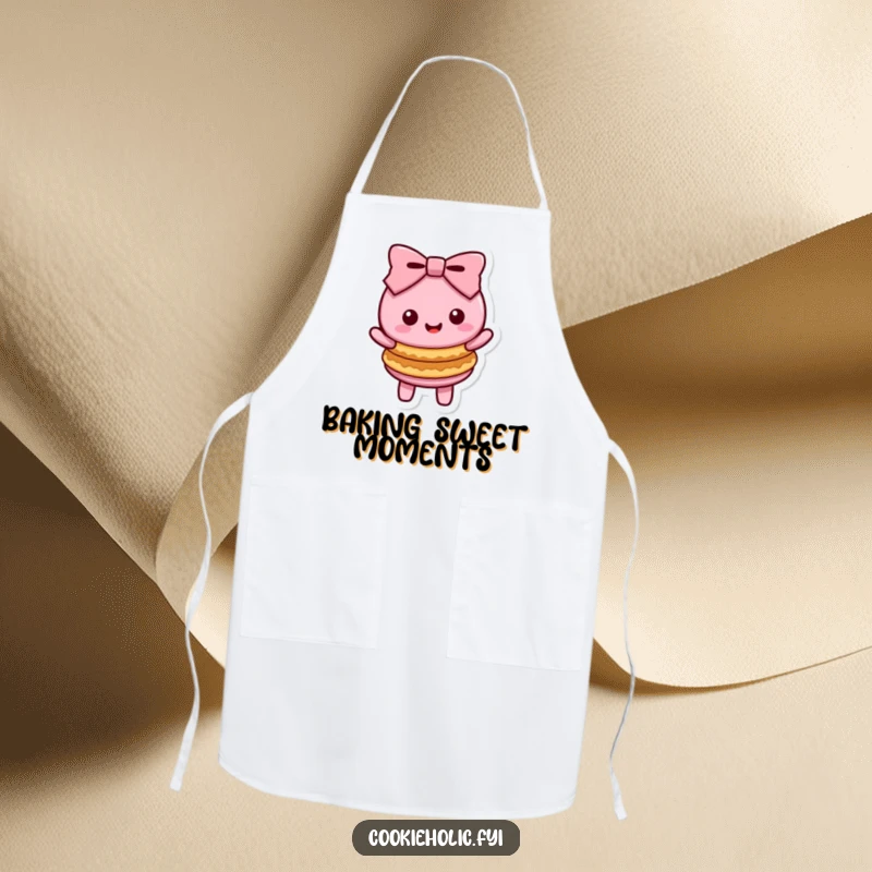 Funny Kawaii macaron character doing a cheerful bow with stacked cookies, a cute and functional kitchen apron.