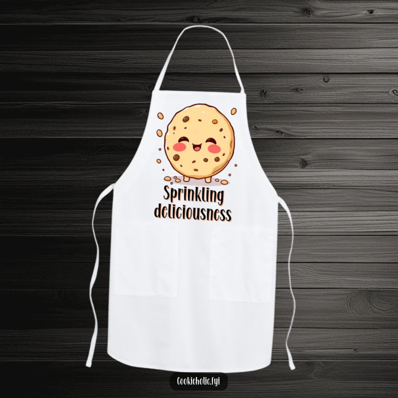 Funny rosy-cheeked cookie apron, showing a cookie joyfully sprinkling crumbs, perfect for humorous and cute kitchen wear.