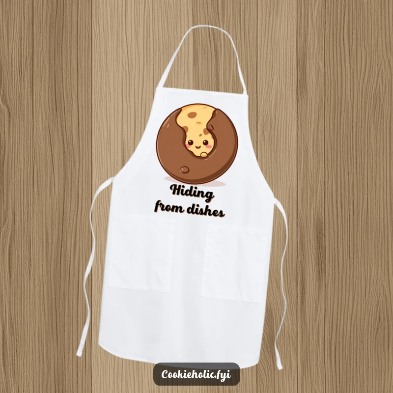 Funny shy cookie apron featuring a cookie peeking from behind a chip, perfect for a bashful baker.