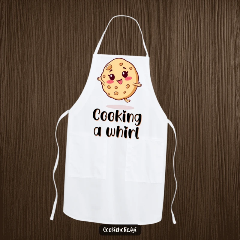 Funny apron with a cookie character in a goofy expression doing a silly spin, perfect for adding humor to cooking.
