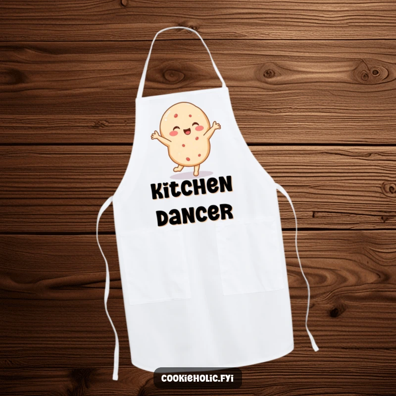 Funny apron featuring a delighted sugar cookie performing a tiny, energetic dance, ideal for baking and kitchen fun.