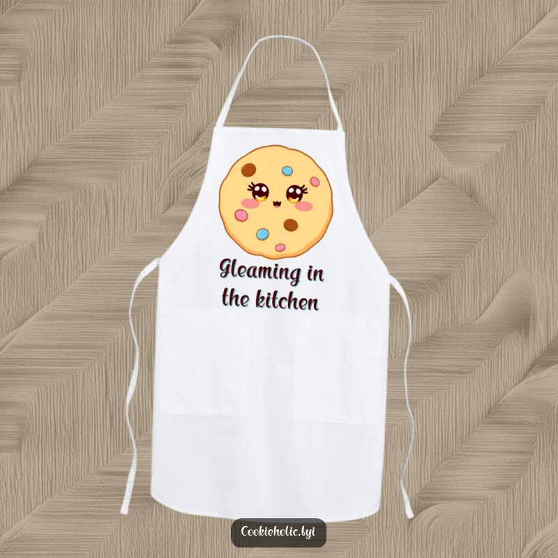 Funny apron showcasing a kawaii cookie character with eyes sparkling like vibrant candy decorations, ready for kitchen fun.