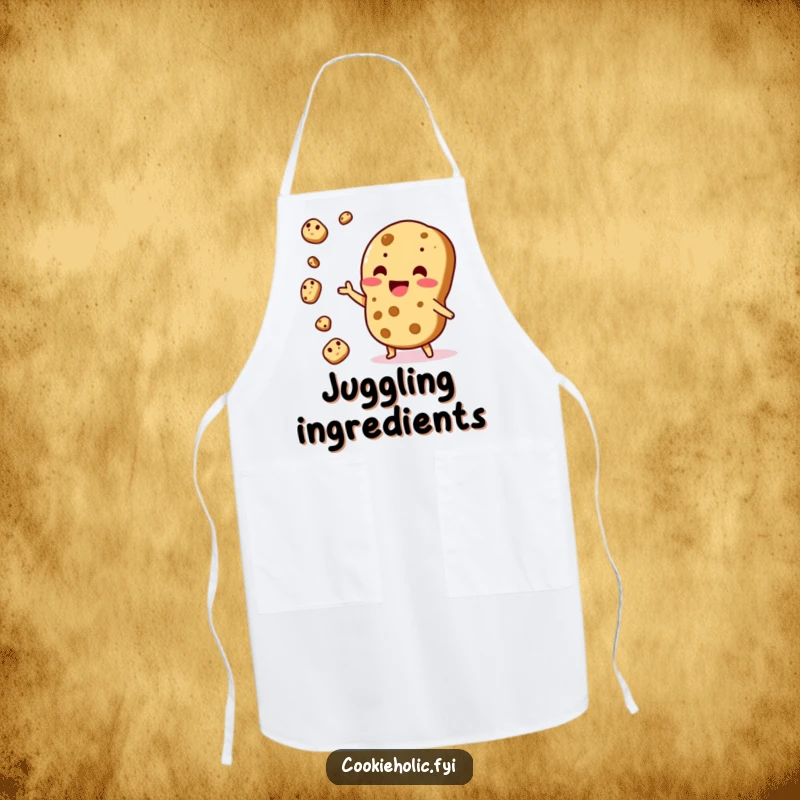 Funny Apron: A Kawaii cookie character masterfully juggles cookie pieces, ready for kitchen adventures.