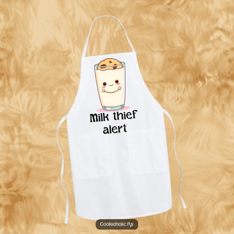 Funny cookie peek apron showing a mischievous cookie hiding behind a big milk glass, adding humor to cooking.
