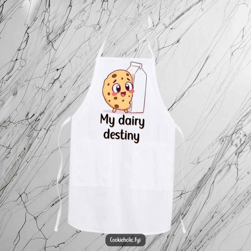 Funny Apron: A cookie with wide eyes spots a giant milk carton, adding humor to kitchen activities.