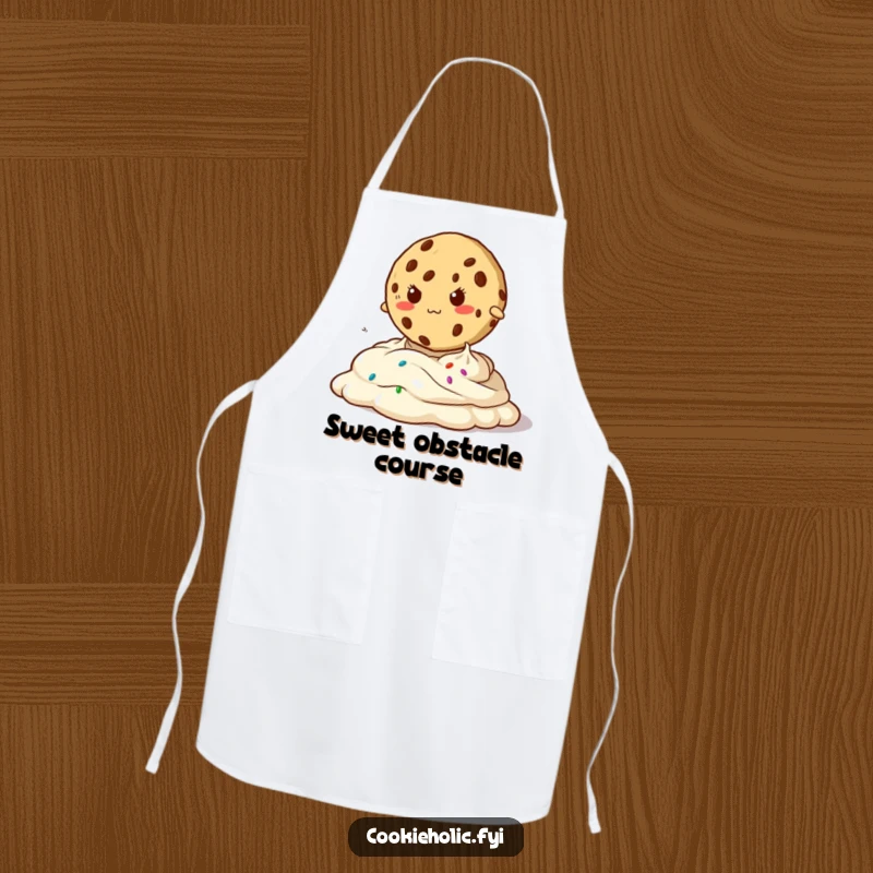 Funny apron featuring a determined cookie character jumping over oozy frosting, perfect for kitchen bravery and humor.