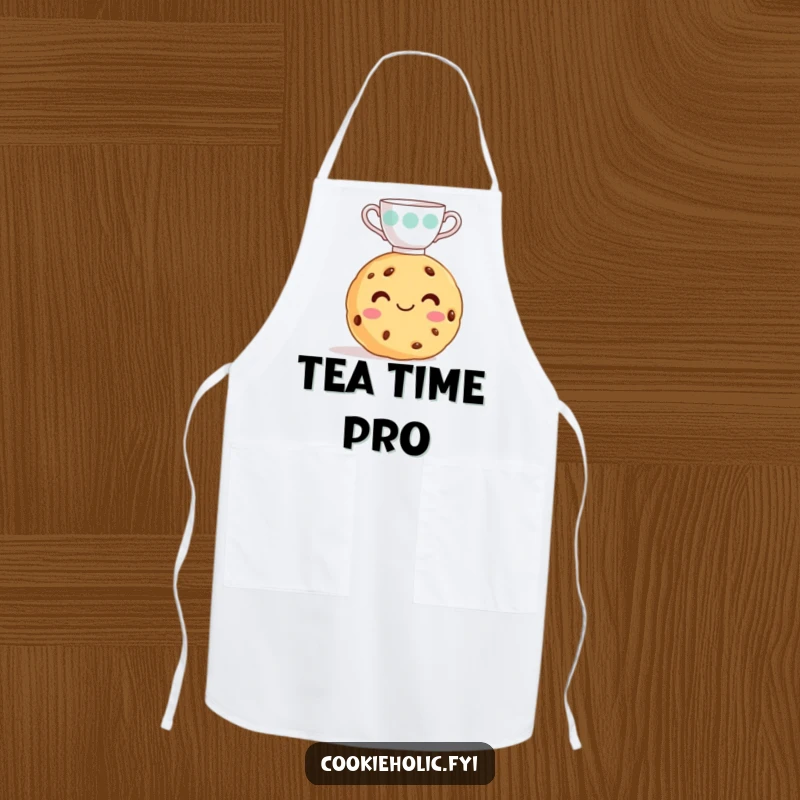Funny cookie apron featuring a smiling cookie balancing a teacup, perfect for a whimsical baker.