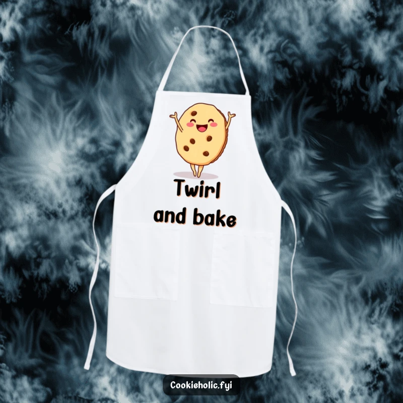 Funny cookie apron featuring a smiling cookie in a ballet pose, perfect for a graceful baker.