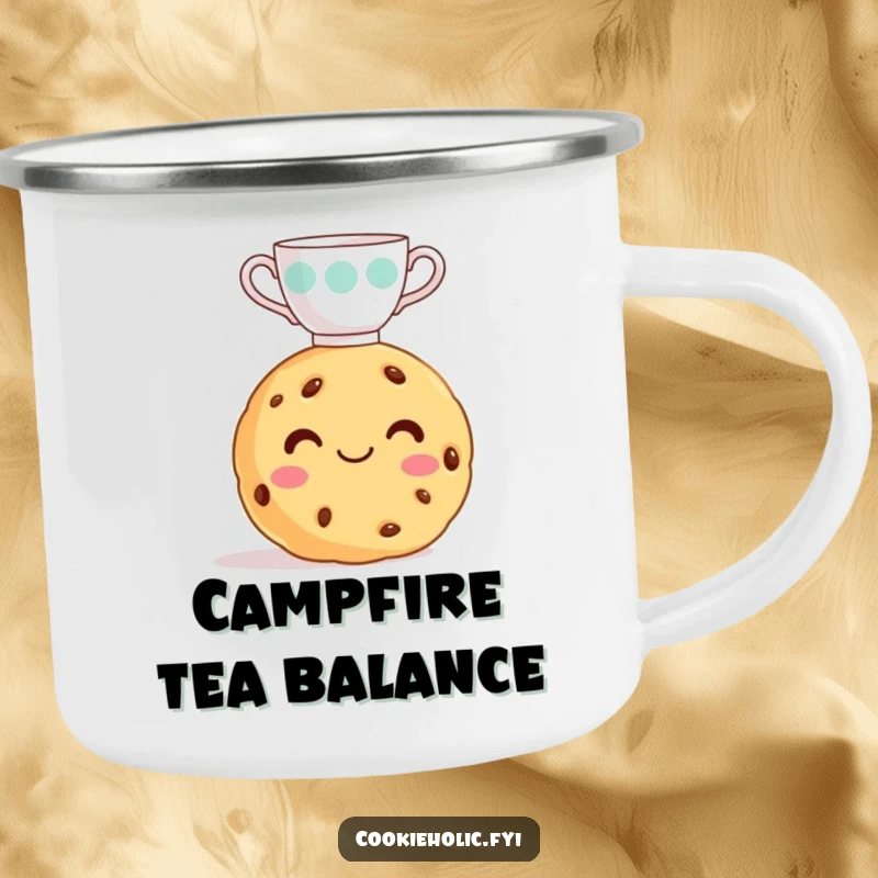Funny cookie camping mug of a smiling cookie balancing a teacup, perfect for outdoor sweet treat lovers.