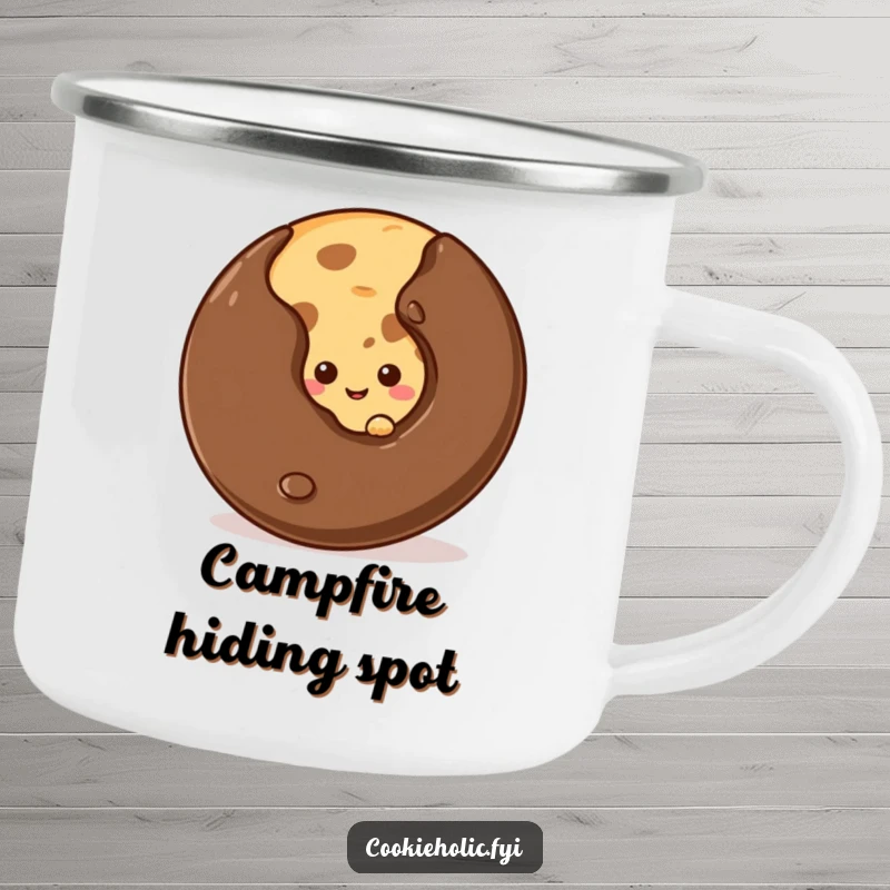Funny shy cookie camping mug of a cookie peeking from behind a chip, perfect for outdoor bashful cookie lovers.