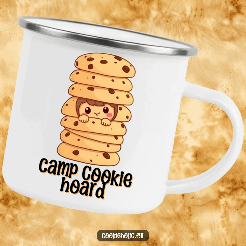 Funny cookie character peeking from behind a stack of cookies on an enamel camping mug.
