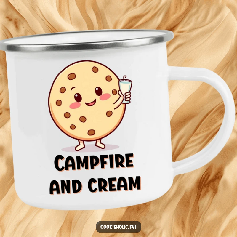 Funny camping mug featuring a happy cookie character with a big smile, dancing with a milk glass, perfect for outdoor sweetness.