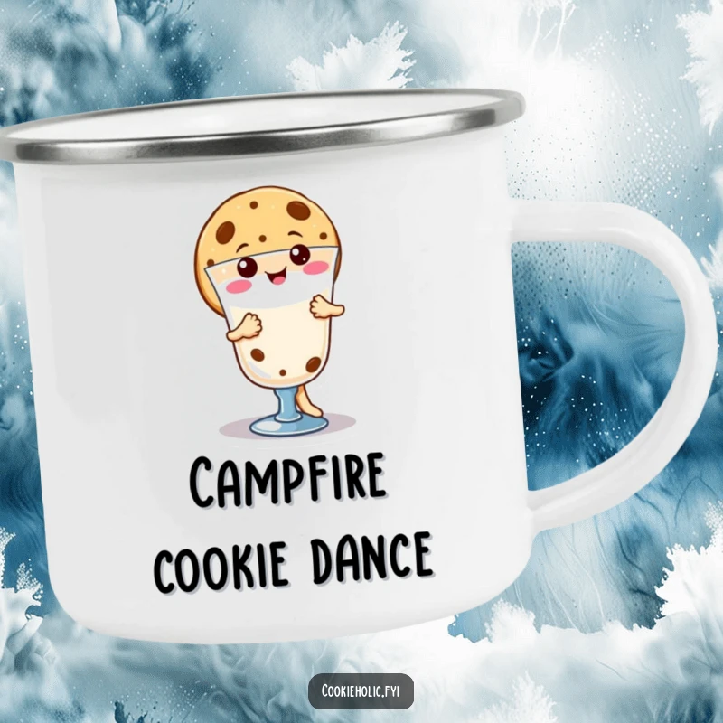 Funny happy kawaii cookie character dancing around milk, durable camping mug for treat lovers, perfect funny gift for campers.