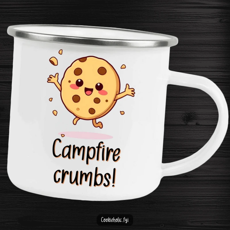 Funny camping mug featuring a cookie character dancing with glee, crumbs flying, perfect for outdoor adventures.