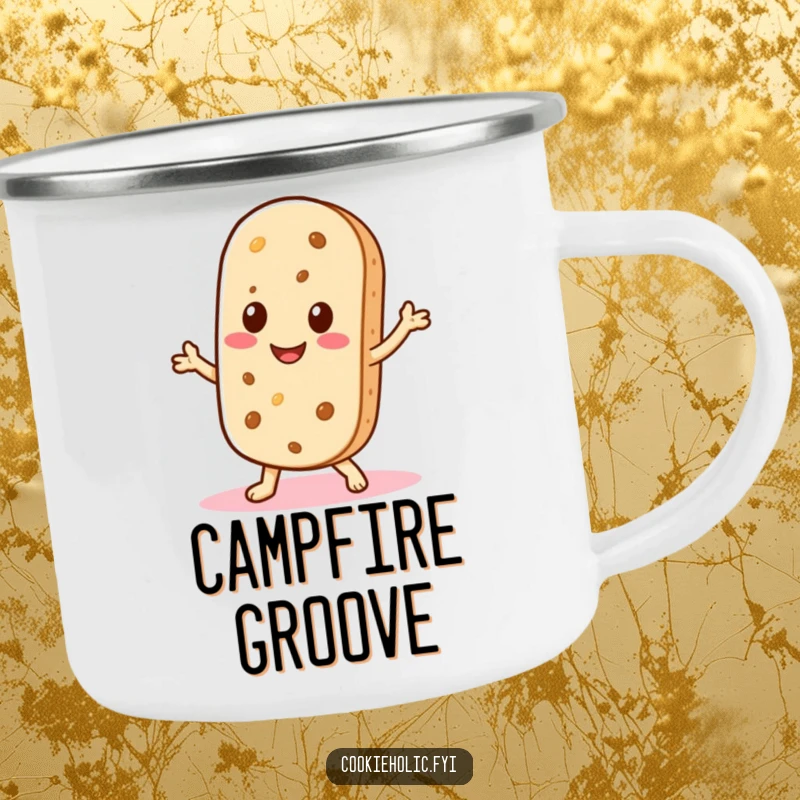 Funny camping mug with a Kawaii wafer cookie character smiling and doing a little shimmy, symbolizing fun outdoor enjoyment.