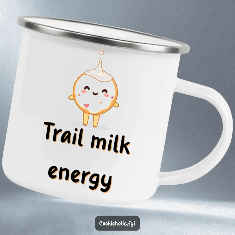 Funny sugar cookie tiptoeing with a giant milk drop, featured on a durable camping mug, perfect for enjoying funny, warm beverages outdoors.