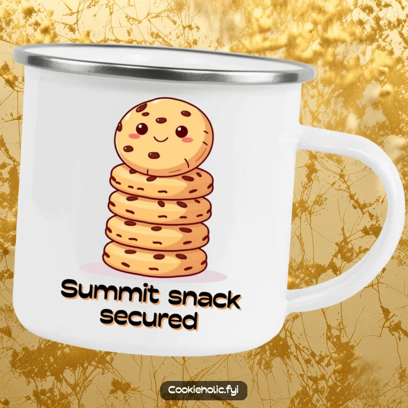 Funny Camping Mug: A cookie precariously balanced on a stack of cookies, ready for outdoor adventures and humor.
