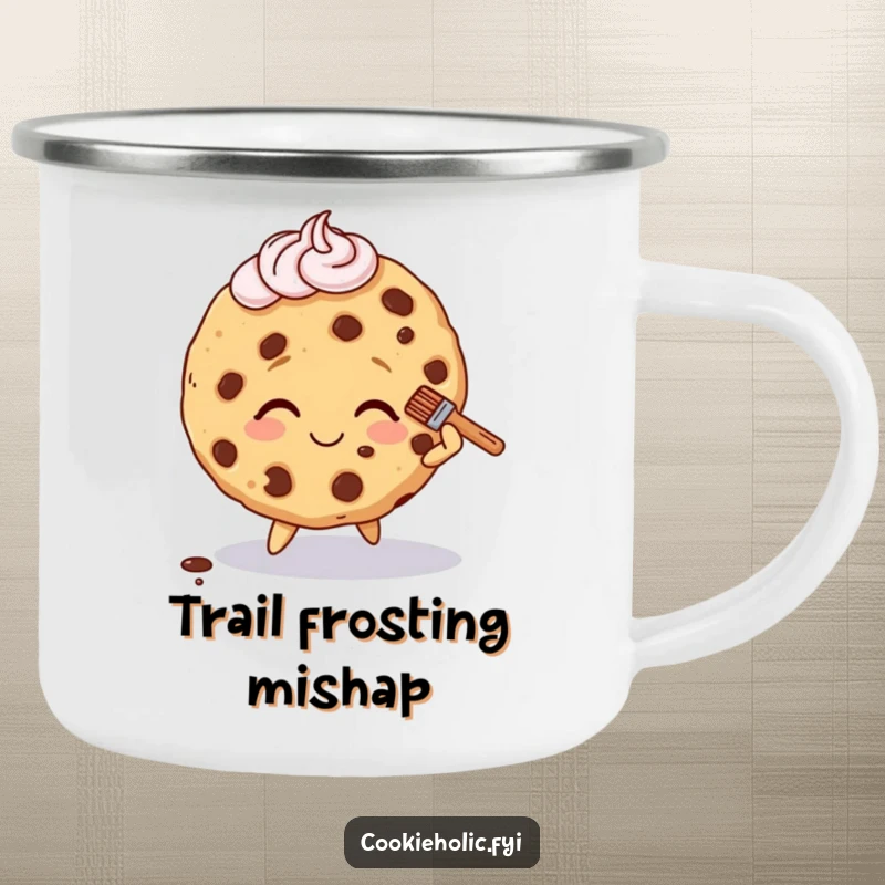 Funny camping mug showcasing a cookie character tripping slightly, smiling, and brushing off frosting.