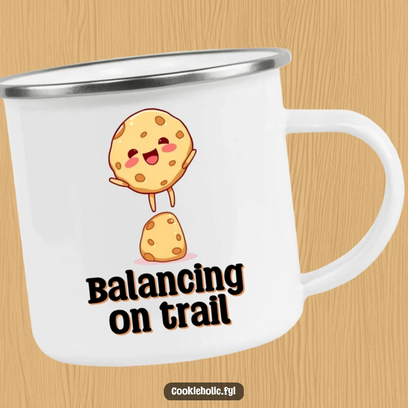 Funny cookie character camping mug, showing a cookie in a delightful balancing act, perfect for outdoor sipping.